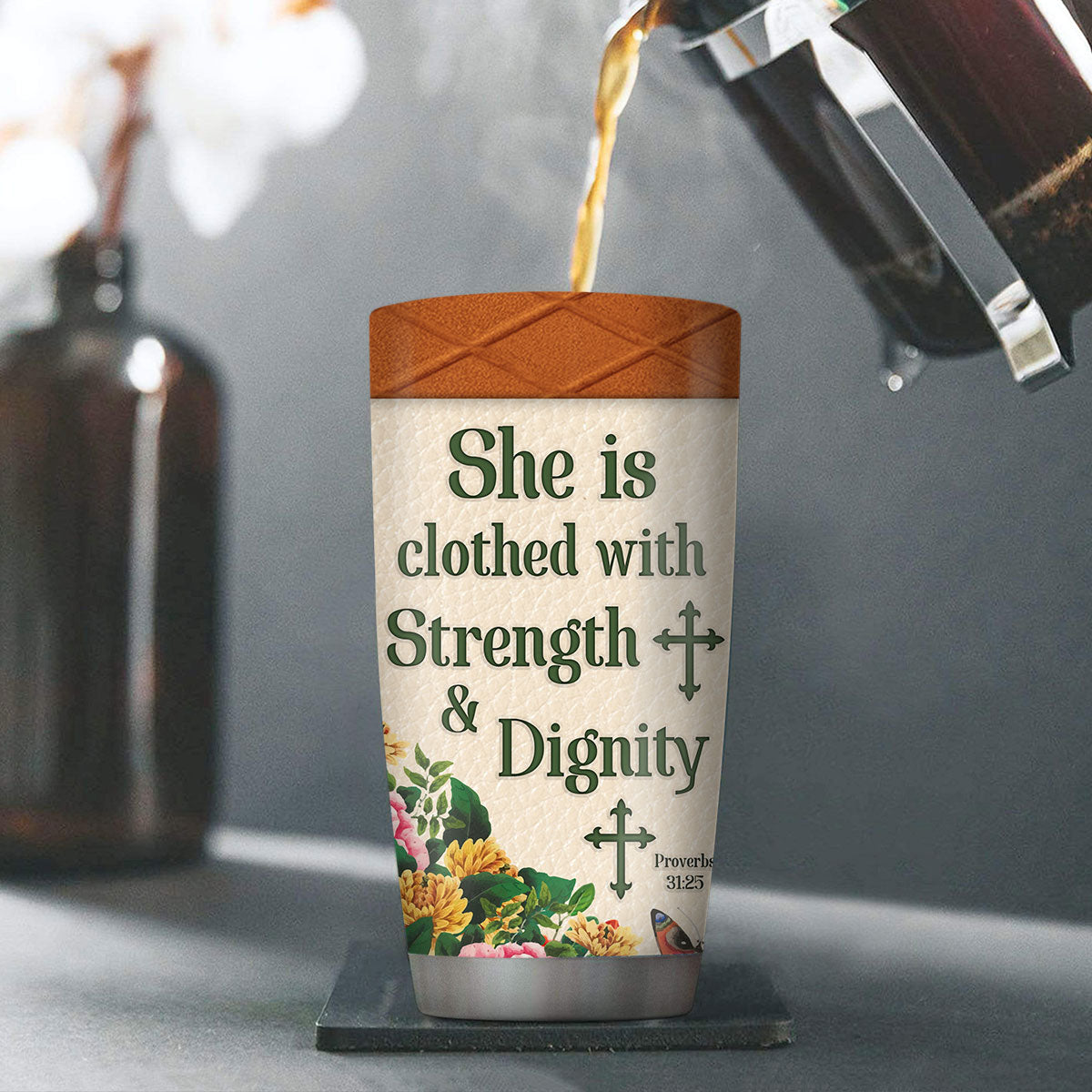 Must-Have Personalized Stainless Steel Tumbler 20oz - She Is Clothed With Strength And Dignity NUHN307