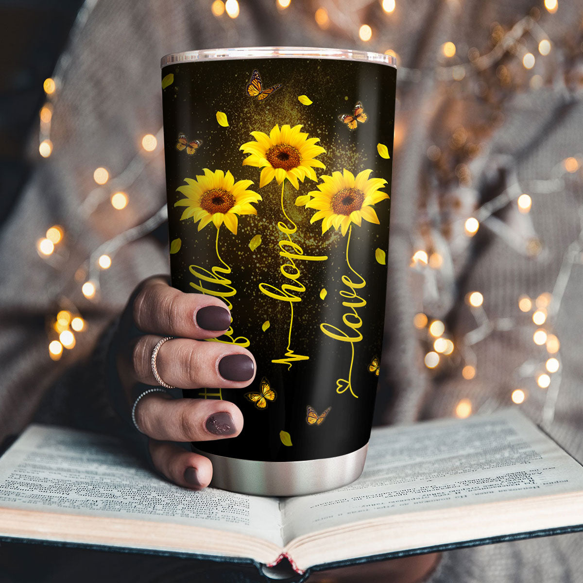 Personal Name Sunflower Heart - Engraved Stainless Steel Sunflower Tumbler,  Insulated Travel Mug, Cute Gift For Her
