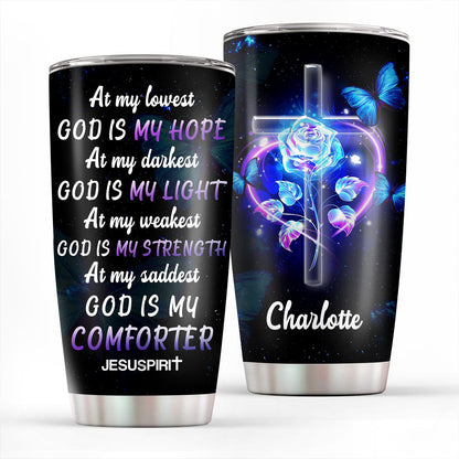 Jesuspirit Personalized Stainless Steel Tumbler 20oz | At My Lowest God Is My Hope | Rose And Cross | Ideal Gift For Christians HN133