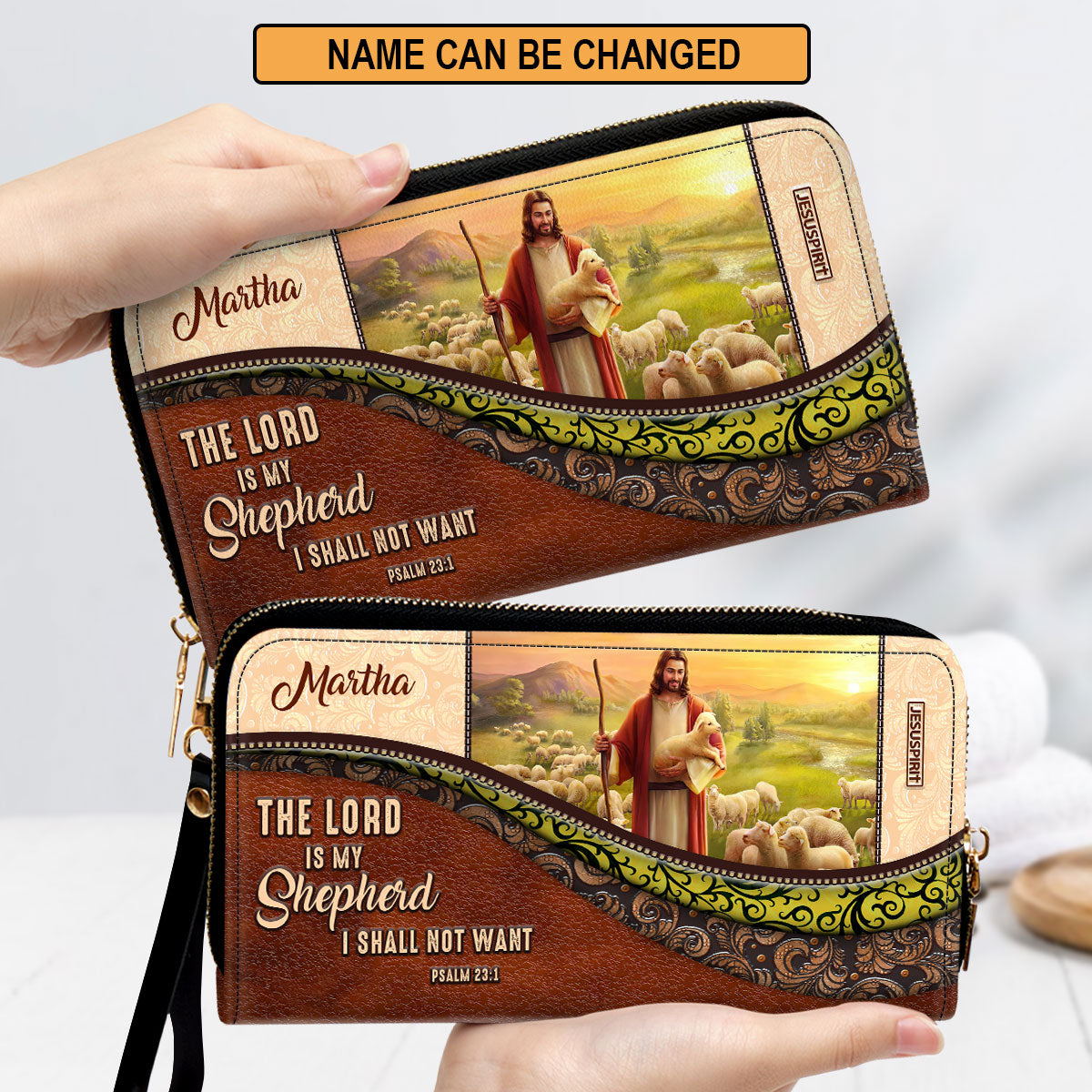 Beautiful Personalized Lamb Clutch Purse - The Lord Is My Shepherd, I Shall Not Want NUM301