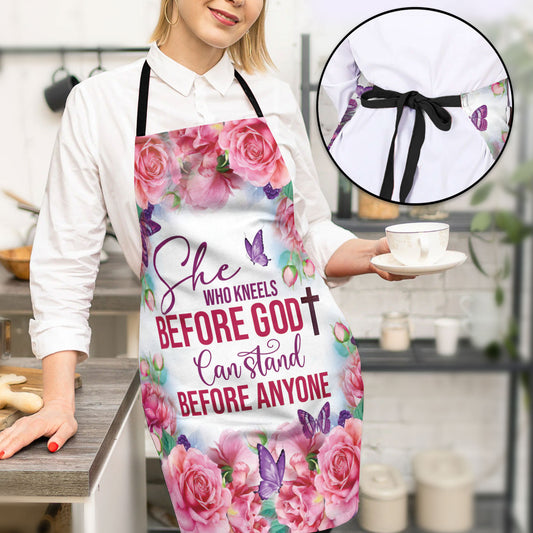 Jesuspirit | Rose And Cross | She Who Kneels Before God Can Stand Before Anyone | Beautiful Apron With Neck Strap AHM26