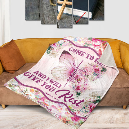 Jesuspirit Gorgeous Fleece Blanket | Flower And Butterfly | Matthew 11:28 | Come To Me And I Will Give You Rest FBHN613