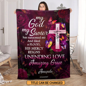 Jesuspirit | Meaningful Personalized Fleece Blanket | My God My Savior | Faith Cross And Rose FBH624