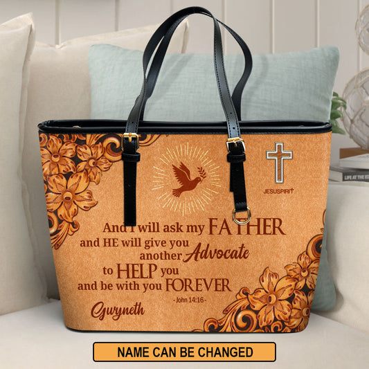 Jesuspirit | Cross And Pigeon | Religious Gifts For Christian Women | John 14:16 | Personalized Large Leather Tote Bag With Long Strap LLTBH721