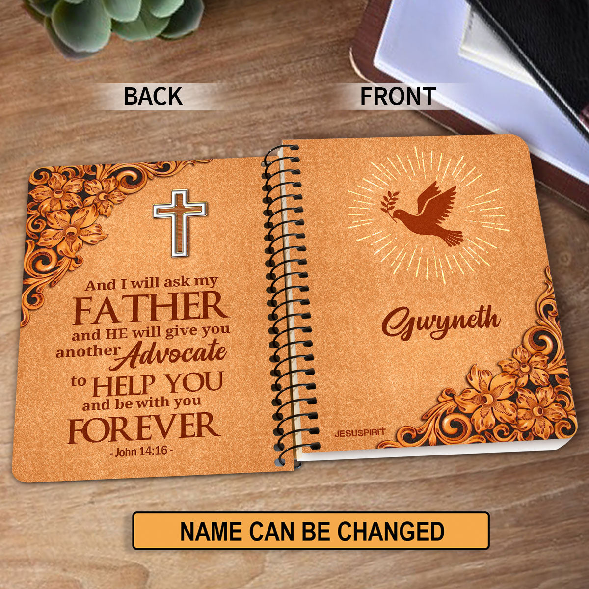 Jesuspirit | Personalized Orange Spiral Journal | John 14:16 | Cross And Pigeon | Scripture Gifts For Christian People SJH721