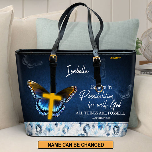 Jesuspirit | Personalized Large Leather Tote Bag With Long Strap | Matthew 19:26 | Christian Gifts For Religious Women | With God All Things Are Possible LLTBHN668