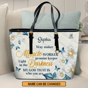 Jesuspirit | Way Maker And Miracle Worker | Personalized Large Leather Tote Bag With Long Strap LLTBHN612
