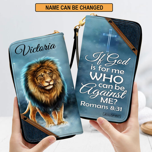 Jesuspirit | If God Is For Me Who Can Be Against Me | Romans 8:31 | Personalized Lion Zippered Leather Clutch Purse | Spiritual Christian Gifts For Women NUM461C