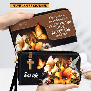 Jesuspirit | Isaiah 46:4 | I Will Sustain You And I Will Rescue You | Faith Gifts From God For Christ Women | Personalized Lily Zippered Leather Clutch Purse NUH294H