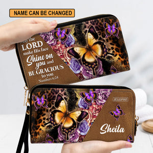 Jesuspirit | Christian Inspirational Gifts For Women | May The Lord Make His Face Shine On You | Numbers 6:24 | Personalized Butterfly Zippered Leather Clutch Purse NUH317H