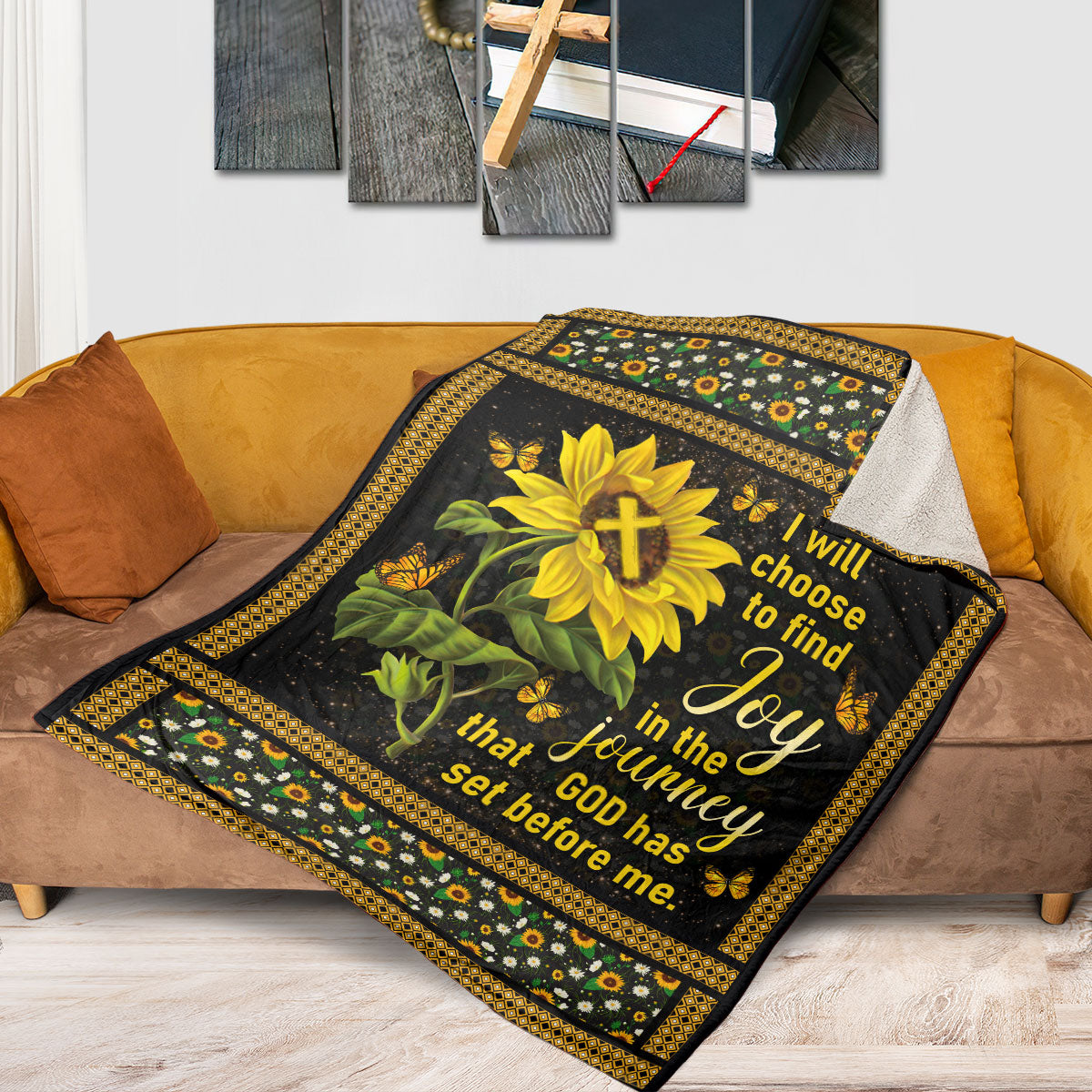 Jesuspirit | I Will Choose To Find Joy In The Journey | Sunflower And Cross | Stunning Fleece Blanket FBHN616