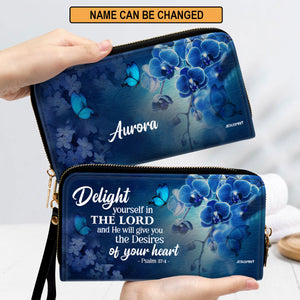 Jesuspirit | Psalm 37:4 | Personalized Leather Clutch Purse | Delight Yourself In The Lord | Blue Orchids And Lilac CPH47