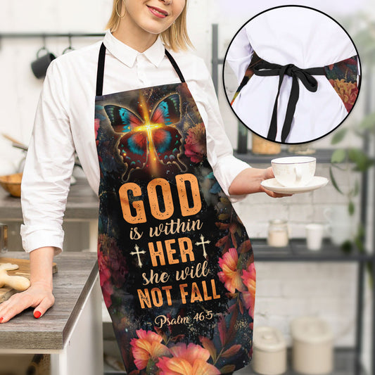 Jesuspirit | God Is Within Her, She Will Not Fall | Cross And Butterfly | Psalm 46:5 | Stunning Apron With Neck Strap AHM19