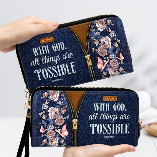 Jesuspirit | Matthew 19:26 | With God All Things Are Possible | Zippered Clutch Purse With Wristlet Strap Handle | Christ Gift For Religious Woman CPHN673