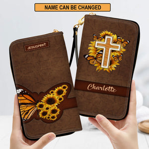 Jesuspirit | Inspiration Gifts For Christian Women | Personalized Zippered Leather Clutch Purse | Sunflower And Cross CPHN653