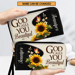 Jesuspirit | Personalized Zippered Leather Clutch Purse | God Calls You Beautiful | Christ Gifts For Women Of God | Sunflower & Butterfly CPH752