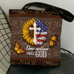 Unique Sunflower And American Flag Tote Bag - One Nation Under God NM145