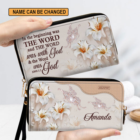 Jesuspirit | Personalized Lily Zippered Leather Clutch Purse | John 1:1 | Christian Gifts For Women Of God | The Word Was With God NUH337H