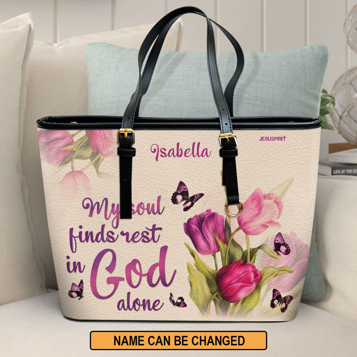 Jesuspirit | Tulip & Butterfly | Personalized Large Leather Tote Bag With Long Strap | Christian Inspirational Gifts For Women Of God LLTBHN654