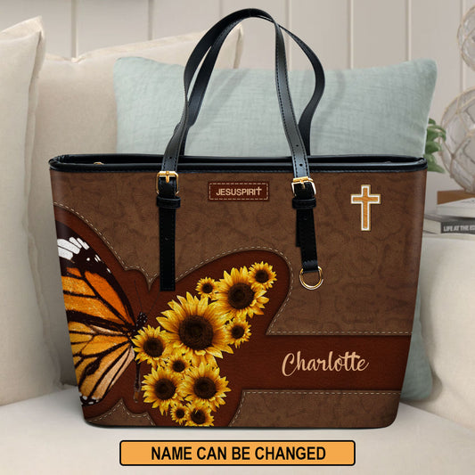 Jesuspirit | Sunflower And Butterfly | Personalized Large Leather Tote Bag With Long Strap | Spiritual Gifts For Women of God LLTBHN653