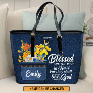 Jesuspirit | Personalized Large Leather Tote Bag With Long Strap | Faith Gifts For Christ Women | Blessed Are The Pure In Heart | Matthew 5:8 LLTBHB677