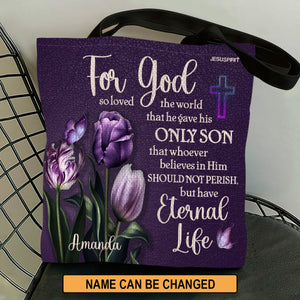 Jesuspirit | Beautiful Purple Personalized Tote Bag | For God So Loved The World | Tulip And Butterfly TBHN26
