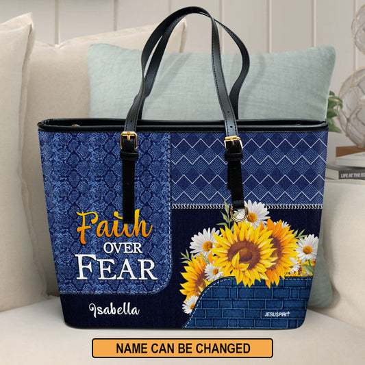 Jesuspirit | Faith Gifts For Christian Women | Personalized Large Leather Tote Bag With Long Strap | Faith Over Fear LLTBHN674