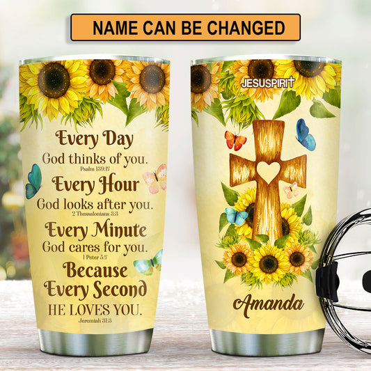 Jesuspirit | Personalized Sunflower Stainless Steel Tumbler 20oz | Everyday God Thinks Of You | Cross And Butterfly SSTHN605