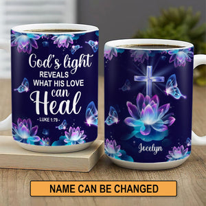 Jesuspirit | Personalized White Ceramic Mug | Luke 1:79 | Lotus & Butterfly | God's Light Reveals What His Love H27