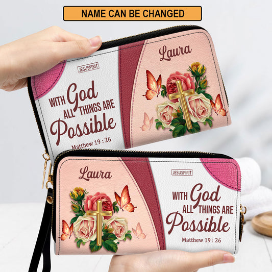 Jesuspirit | With God All Things Are Possible | Matthew 19:26 | Christian Gifts For Religious Women | Personalized Clutch Purse NUH326B