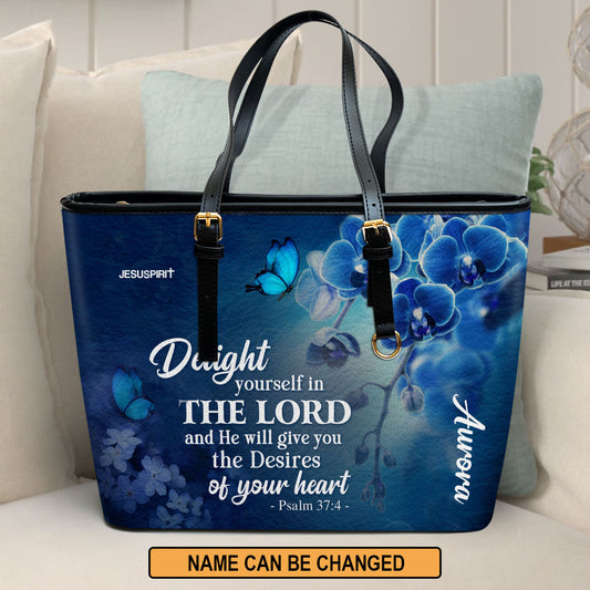 Jesuspirit | Delight Yourself In The Lord | Psalm 37:4 | Blue Orchids And Lilac | Personalized Large Leather Tote Bag LLTBH47