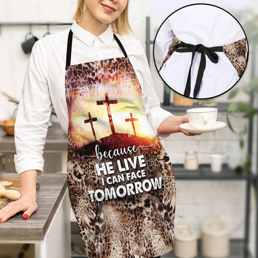 Jesuspirit | Religious Gift For Christians | Leopard Pattern And Cross | Because He Lives I Can Face Tomorrow | Apron With Neck Strap A03