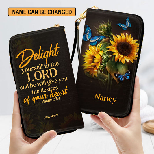 Jesuspirit | Personalized Sunflower Zippered Leather Clutch Purse | Psalm 37:4 | Delight Yourself In The Lord | Inspirational Gifts For Christian Women NUH437H