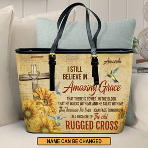 Jesuspirit Personalized Leather Tote Bag | I Still Believe In Amazing Grace | Sunflower And Cross | Bible Bag With Long Strap HN154