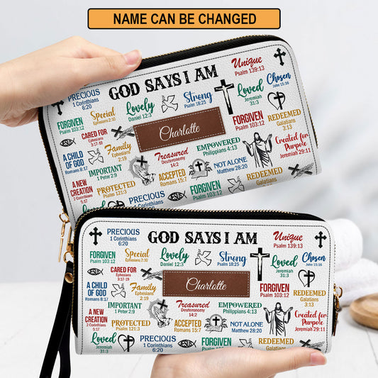 Jesuspirit | What God Says About You | Christian Presents For Religious Women | Personalized Zippered Leather Clutch Purse With Wristlet Strap Handle CPH742