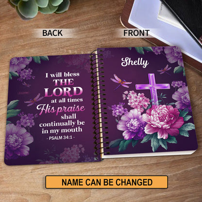 Jesuspirit | Cross And Flower | I Will Bless The Lord At All Times | Psalm 34:1 | Personalized Spiral Journal SJH24