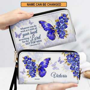 Jesuspirit | Stunning Personalized Zippered Leather Clutch Purse | Colossians 3:23 | Butterfly And Flower | Religious Gifts For Christian Women CPH743