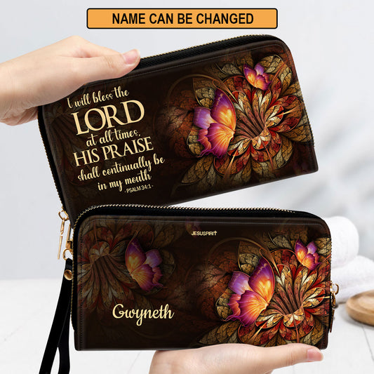 Jesuspirit | Personalized Leather Clutch Purse | Psalm 34:1 | I Will Bless The Lord At All Times | Worship Gift For People At Church CPH605