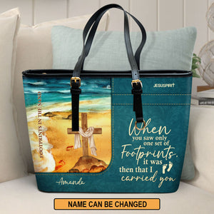 Jesuspirit | Gorgeous Personalized Bag With Long Strap | Footprints In The Sand | Large Leather Tote Bag LLTBHN490