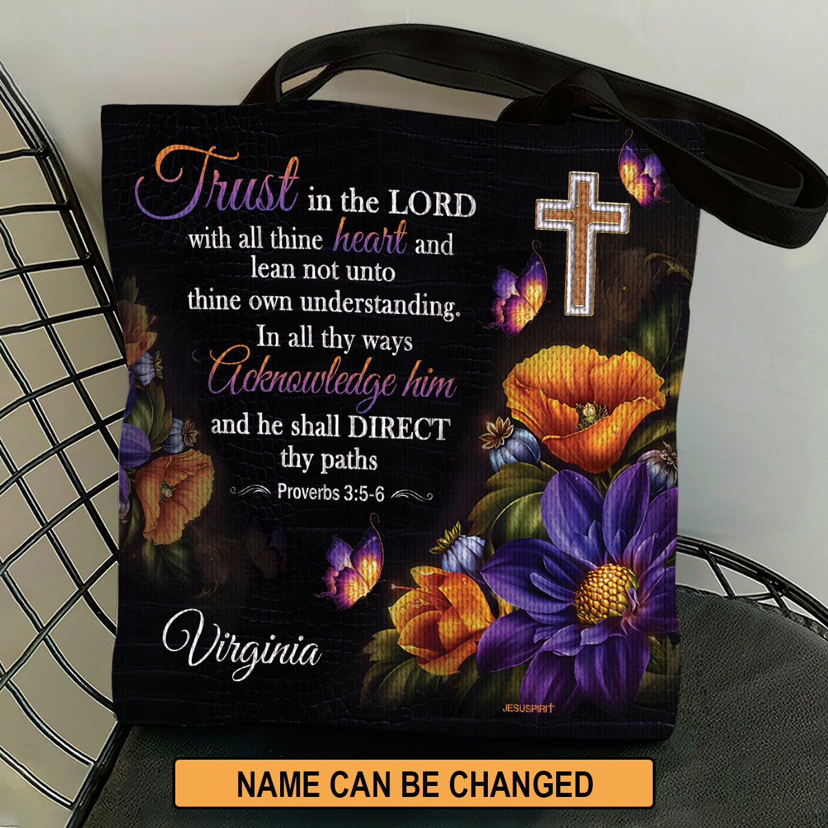 Jesuspirit Personalized Tote Bag | Trust In The Lord With All Your Heart | Proverbs 3:5-6 | Cross And Flower TBH22