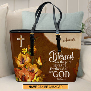 Jesuspirit | Matthew 5:8 | Blessed Are The Pure In Heart | Personalized Large Leather Tote Bag | Flower And Butterfly LLTBHN609