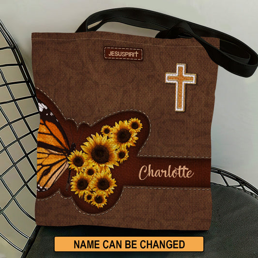 Jesuspirit Personalized Tote Bag | Butterfly & Sunflower | Religious Gifts For Women Of God TBHN653