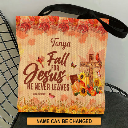 Jesuspirit | Personalized Autumn Season Tote Bag | Fall For Jesus He Never Leaves | Pumpkin & Sunflower DM29