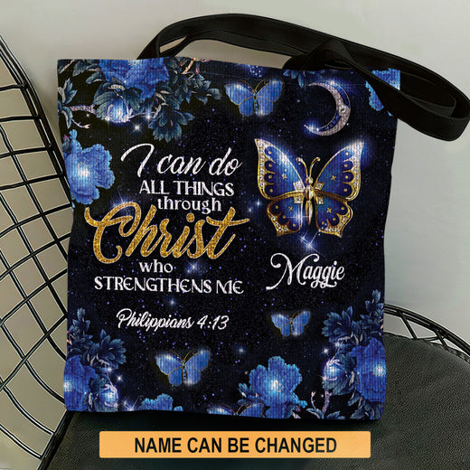 Elegant Personalized Butterfly And Flower Tote Bag - I Can Do All Things Through Christ NM143