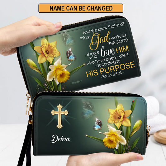 Jesuspirit | Personalized Leather Clutch Purse With Wristlet Strap Handle | Romans 8:28 | Christian Gift Ideas For Religious Women CPH741