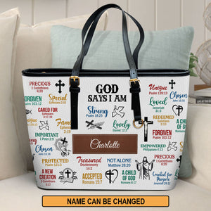 Jesuspirit | What God Says About You | Personalized Large Leather Tote Bag With Long Strap | Christ Gifts For Religious Women LLTBH742