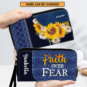 Jesuspirit | Personalized Sunflower Leather Clutch Purse | Christ Gifts For Religious Women | Faith Over Fear CPHN674