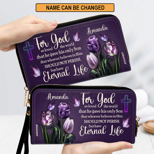 Jesuspirit | Personalized Leather Clutch Purse | For God So Loved The World | Tulip And Cross HN26