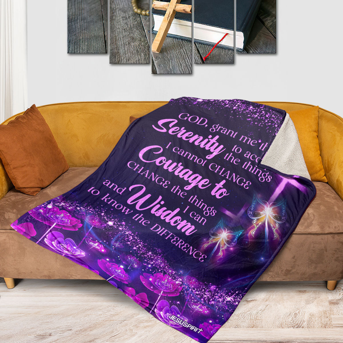 Jesuspirit | God, Grant Me The Serenity To Accept The Things I Cannot Change | Cross Fleece Blanket | Flower And Butterfly FBHN628