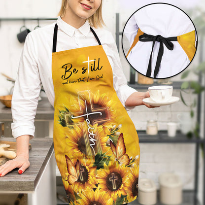 Jesuspirit | Psalm 46:10 | Be Still And Know That I Am God | Sunflower & Faith Cross | Apron With Tie Back Closure HN109